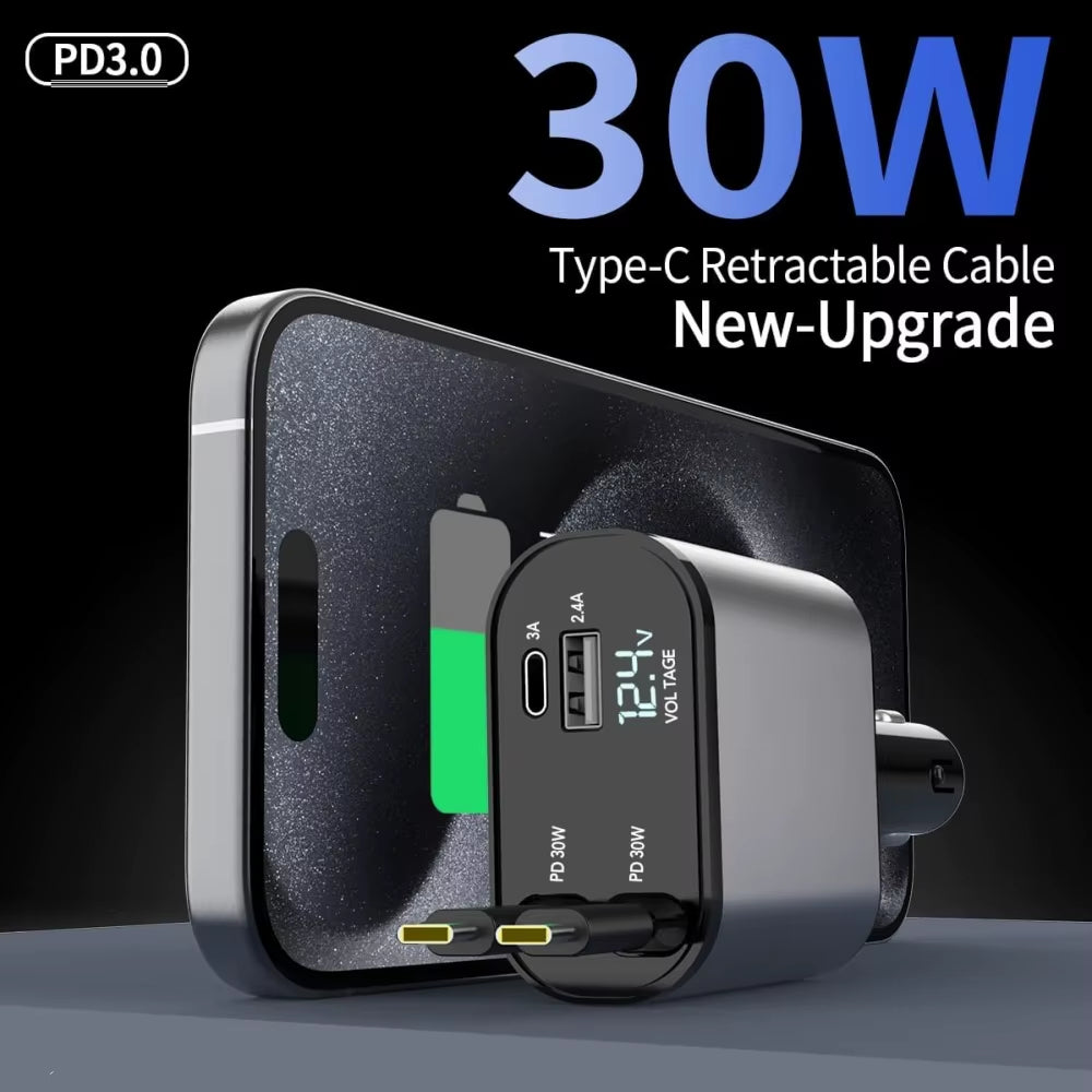 VoltRush™ 4-in-1 Retractable Car Charger – Fast Power, Zero Clutter