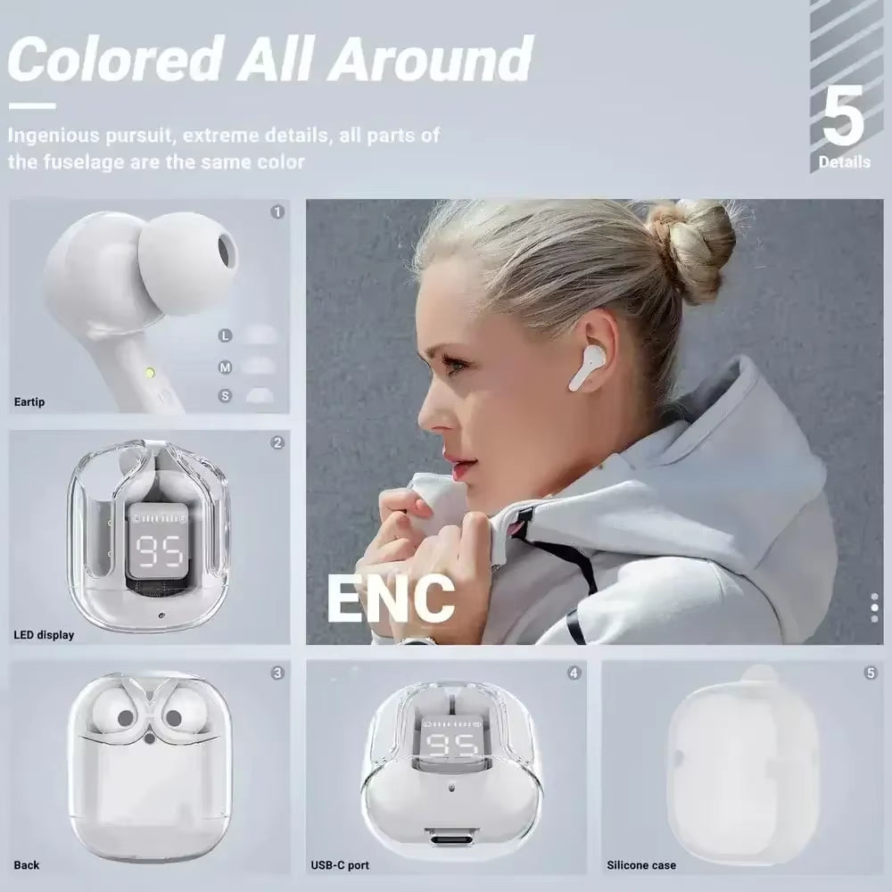 CrystalBeats BT30: Transparent TWS Bluetooth 5.3 Earbuds with Digital Display & Noise Canceling